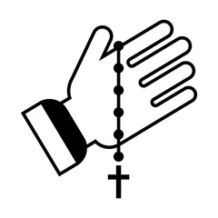 Hand with rosary beads on white background