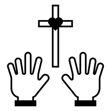 Cross and hands of praying person on white background