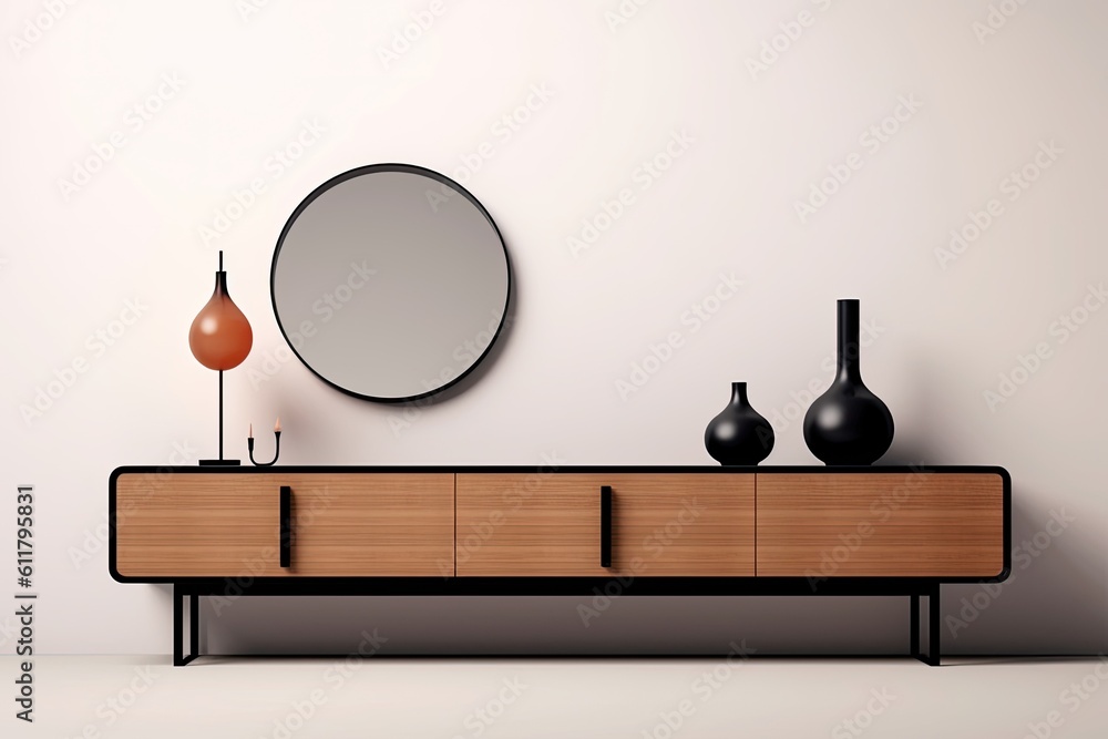 Poster modern home design frame mock-up of furniture in front of blank wall, mock-up element for graphic de