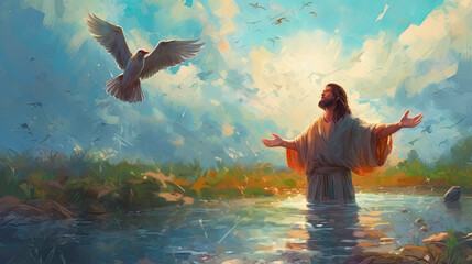 The Baptism of Jesus Christ. Painting illustration, generative ai. - 611795824