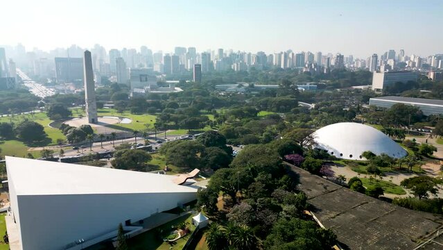 Aerial view of Sao Paulo city, next to Ibirapuera Park. Prevervetion area with trees and green area of Ibirapuera park in Sao Paulo city, Brazil.