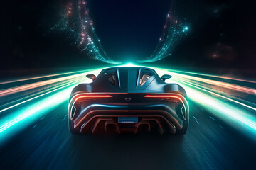 Fototapeta na wymiar futuristic sports car rides at high speed on neon highway, illustrates the speed of a supercar made with Generative AI