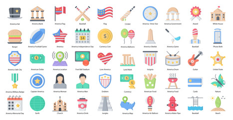 America Flat Icons American Flag Dollar Icon Set in Color Style 50 Vector Icons