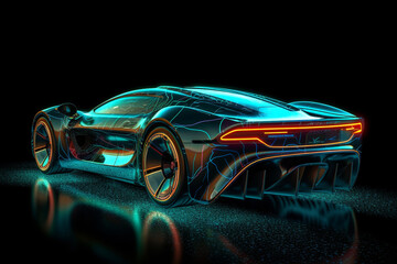 Fototapeta premium futuristic sports car rides at high speed on neon highway, illustrates the speed of a supercar made with Generative AI