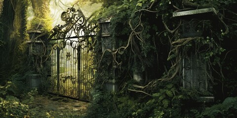 old wrought-iron gate stands at the entrance of a forgotten garden  Generative AI Digital Illustration Part#110623