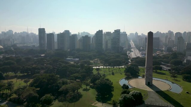Aerial view of Sao Paulo city, next to Ibirapuera Park. Prevervetion area with trees and green area of Ibirapuera park in Sao Paulo city, Brazil.