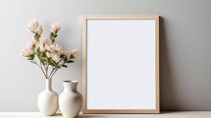 On a white wall in the living room, a mock-up photo frame is displayed, along with a flower pot and some paper. Generative AI