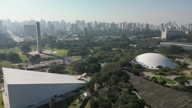 Aerial view of Sao Paulo city, next to Ibirapuera Park. Prevervetion area with trees and green area of Ibirapuera park in Sao Paulo city, Brazil.