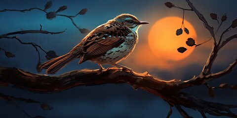 scene at dusk  silhouette of a skylark perched on a branch, surrounded by a soft halo of light  Generative AI Digital Illustration Part#110623