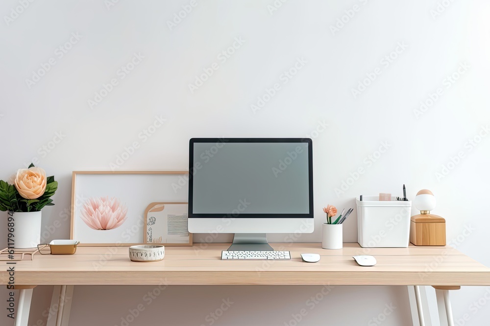 Poster computer on office desk workspace table with blank, white, isolated screen, copy space, and text-onl