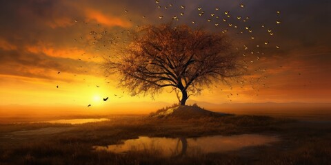 ethereal beauty of a golden sunset as it bathes a solitary tree Generative AI Digital Illustration Part#110623