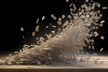 A stack of hundred dollar bills disintegrating into dust, symbolizing the impact of a shrinking economy. 3D Rendering.