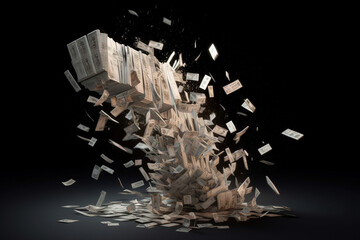 A stack of one dollar bills falling apart, symbolizing the financial impact of inflation and recession. 3D Rendering.