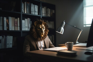 A successful entrepreneur sits behind their desk, their lion head mask a symbol of their strength and determination to succeed. They are ready to take on whatever challenge the day may bring.