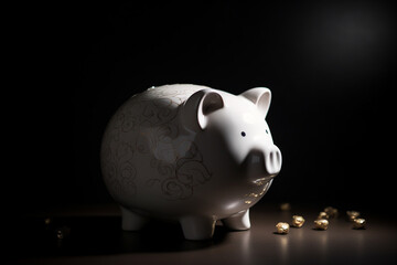 A white porcelain piggy bank filled to the brim with silver coins, illuminated by a single spot light, against a dark background.