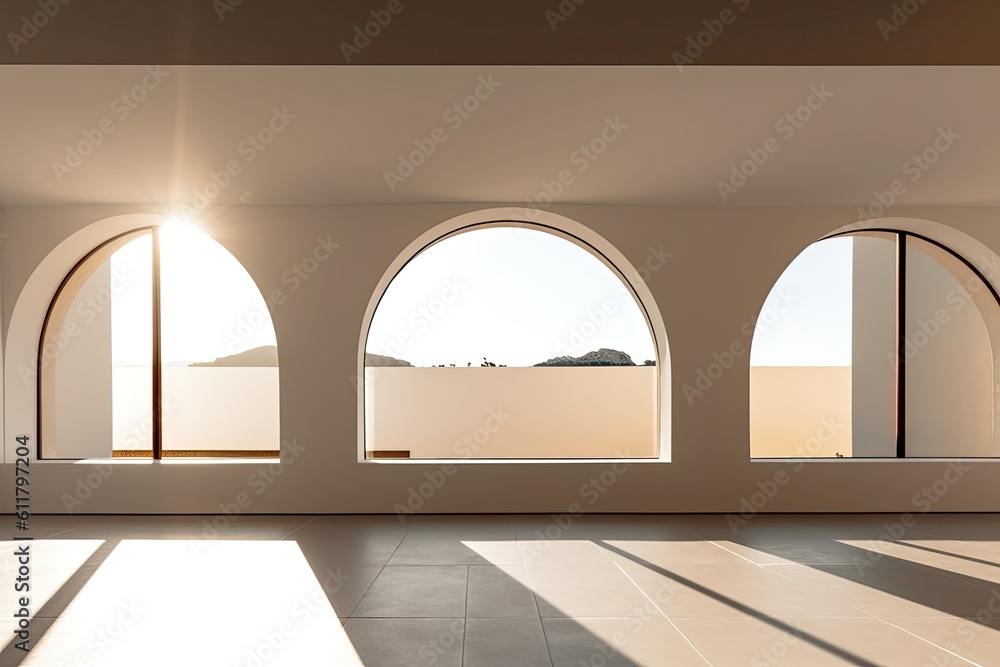 Poster an empty room with an arched opening in the background generative ai