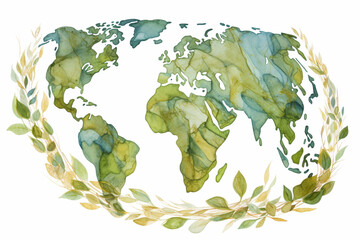 Create a stock image featuring a globe map drawing with leaves isolated on a white background, conveying the theme of investing in our planet for Earth Day 2023.