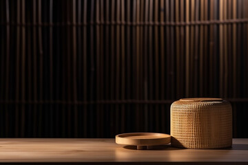 Minimalistic wooden product display table against an oriental bamboo background, with nothing on it. Close up.