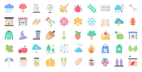 Autumn Flat Icons Weather Mushroom Iconset in Color Style 50 Vector Icons