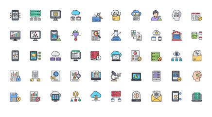 Data Science Line Color Icons Research Network Icon Set in Filled Outline Style 50 Vector Icons