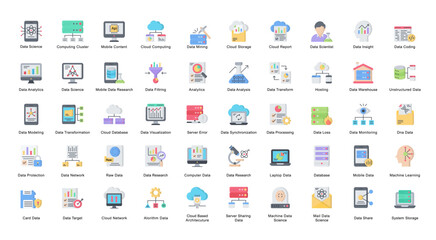 Data Science Flat Icons Research Network Icon Set in Color Style 50 Vector Icons