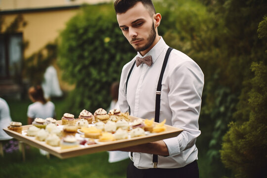 Waiter at a reception, carrying a tray full of canap�s. Outdoor garden party.