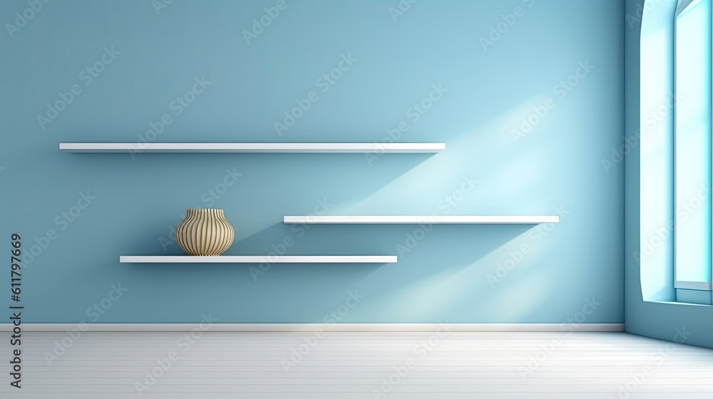 Aufkleber on a bright wall, an empty shelf waves. backdrop with a minimalistic style for product advertising. 