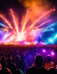 Fototapeta na wymiar Electric Night: A Crowd Immersed in the Dynamic Energy of a Concert, Illuminated by a Symphony of Stage Lights and Pyrotechnics.