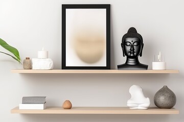 A mock-up poster frame, lamp, avocado plant, and stylish items on the shelf are part of a contemporary interior design. Elegant living room and house staging design. minimalist design Generative AI