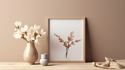 picture frame mockup in a still life setting on a wooden antique desk table. vase with lili flowers, rope, and fabric. Elegant workspace and home office design Generative AI