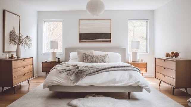 Bedroom decor, home interior design . Scandinavian Minimalist style with Statement Lighting decorated with Wood and Leather material . Generative AI AIG26.