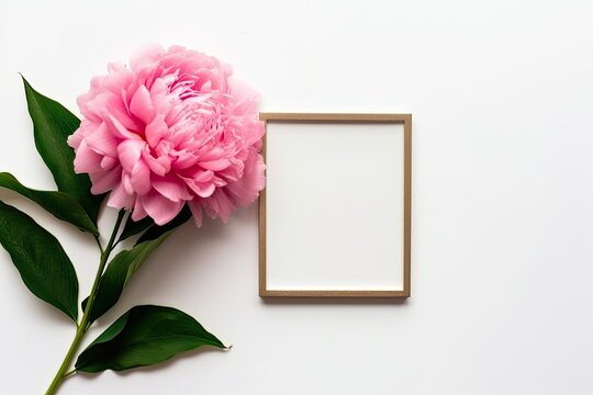 Motivating phrase "Today is the ideal day to begin pursuing your aspirations." White background with a simple golden photo frame and a pink peony blossom. Top view of a flat lay. Generative AI