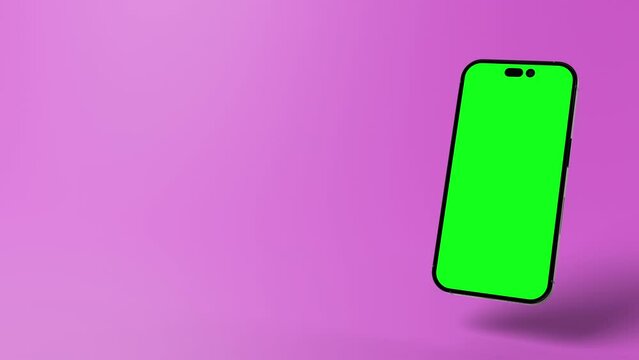 3D Animation Modern smartphone with green screen on display to place contenthovering into frame from top.. Pink Background