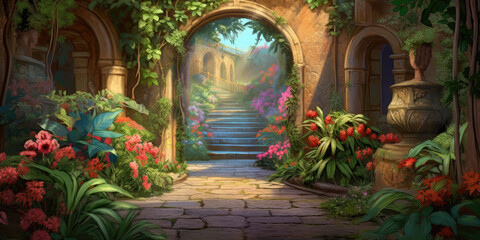Fototapeta na wymiar secret garden tucked away behind ancient walls, filled with vibrant flowers and winding paths Generative AI Digital Illustration Part#110623