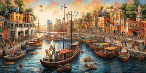 bustling harbor filled with colorful boats and bustling activity  Generative AI Digital Illustration Part#110623