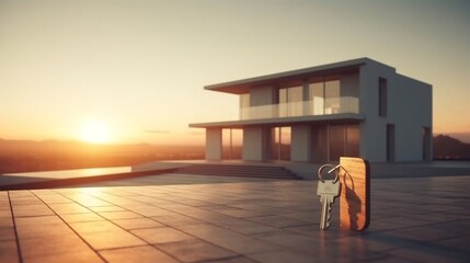 Real estate business banner background with house model in hands and golden hour Generative AI