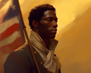 A image of painting of  african american man holding the American flag