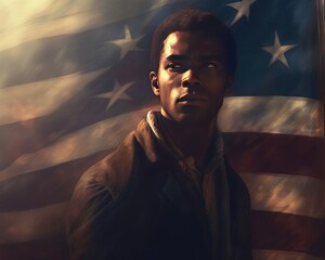 A image of painting of  african american man looking to the future with American flag in the background