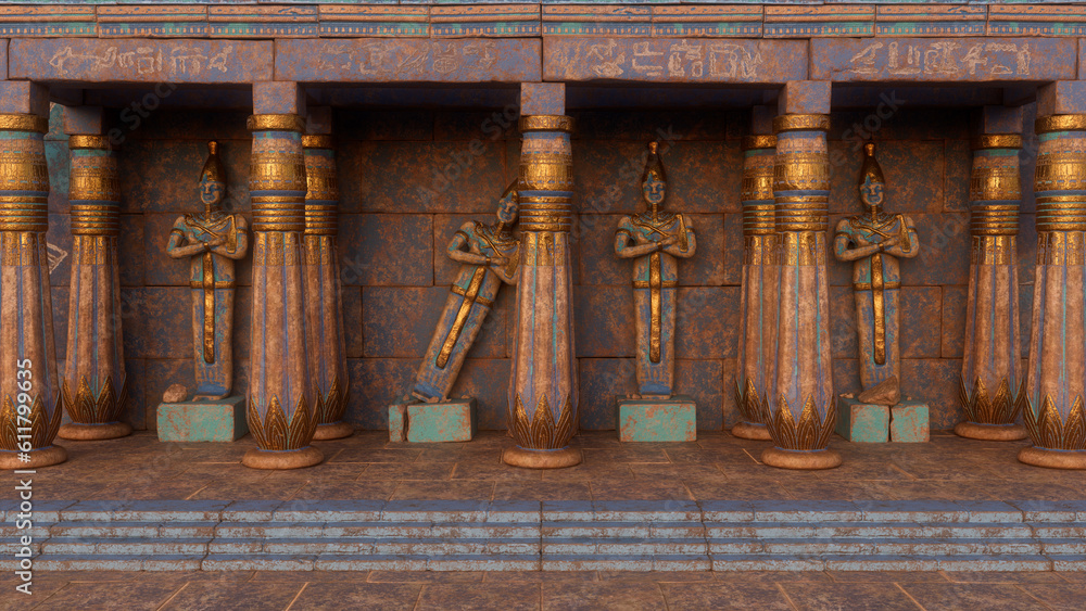 Poster ancient egyptian temple ruin with statues and columns painted blue and gold. 3d rendering.