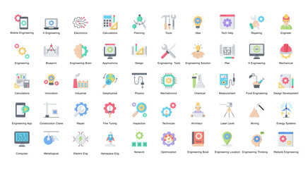 Engineering Flat Icons Engineer Mechatronics Icon Set in Color Style 50 Vector Icons