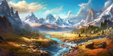 Fototapeta na wymiar A Nostalgic Journey into Exotic Fantasy Landscapes, Capturing the Majestic Mountain and Serene Creek in the Distance with a Landscape-Focused Approach Generative AI Digital Illustration Part#110623