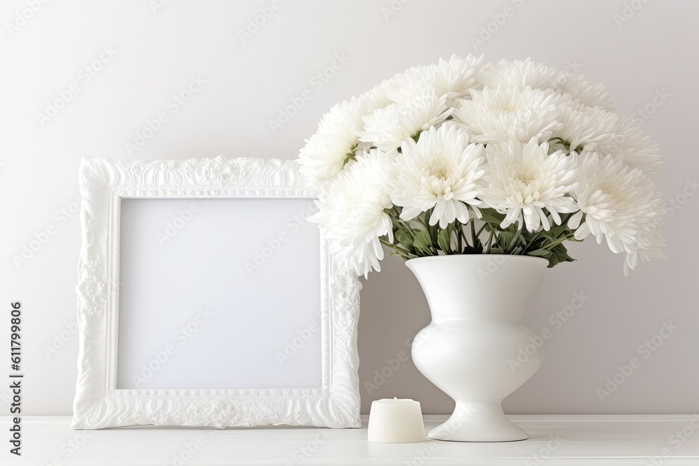 Poster mockup design of a white frame with chrysanthemum flowers in a vase on a white table. generative ai