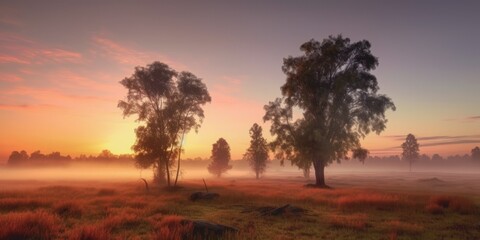 Fototapeta na wymiar Misty Morning Reverie: Sunrise Illuminating Trees in Enchanting Meadow Generative AI Digital Illustration Part#110623