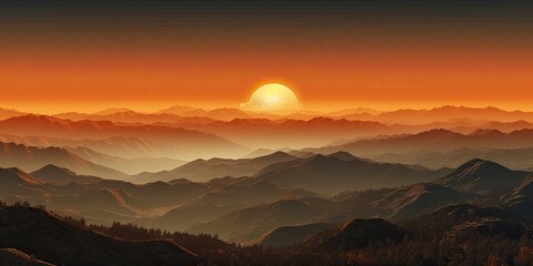 Fototapeta na wymiar A Whistlerian Panoramic Photo-Realistic Landscape of Sunrise Over Mountains, Bathed in Light Amber and Silver, With Sun and Moon Generative AI Digital Illustration Part#110623