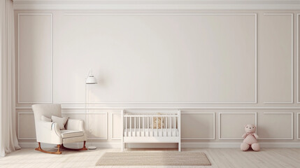 Fototapeta na wymiar Modern White Nursery with Blank Wall for Photo, Wall and Painting Art and Decoration