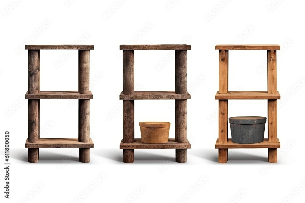 Poster old wooden shelf collection isolated with clipping path on a white background. product design mockup