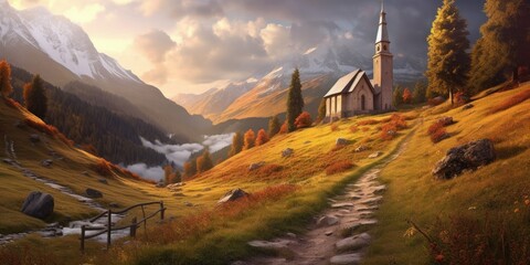 A Colorful Journey to the Mountain Church - Romantic Kitsch Meets Naturalistic Landscapes in Eye-Catching Wimmelbilder  Generative AI Digital Illustration Part#110623
