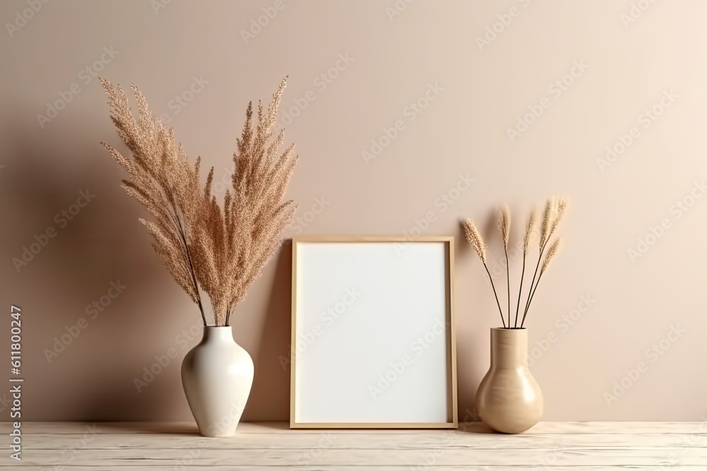 Poster a photo frame and a vase filled with dried twigs. mockup of daylight. generative ai