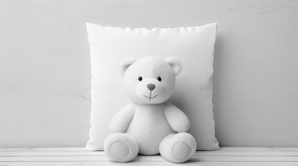 Blank canvas nursery cushion, white square baby pillow mockup for design presentation, plush bear, blanket, and blanket. Generative AI