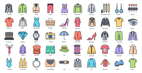 Fashion Line Color Icons Clothing Clothes Dress Iconset in Filled Outline Style 50 Vector Icons